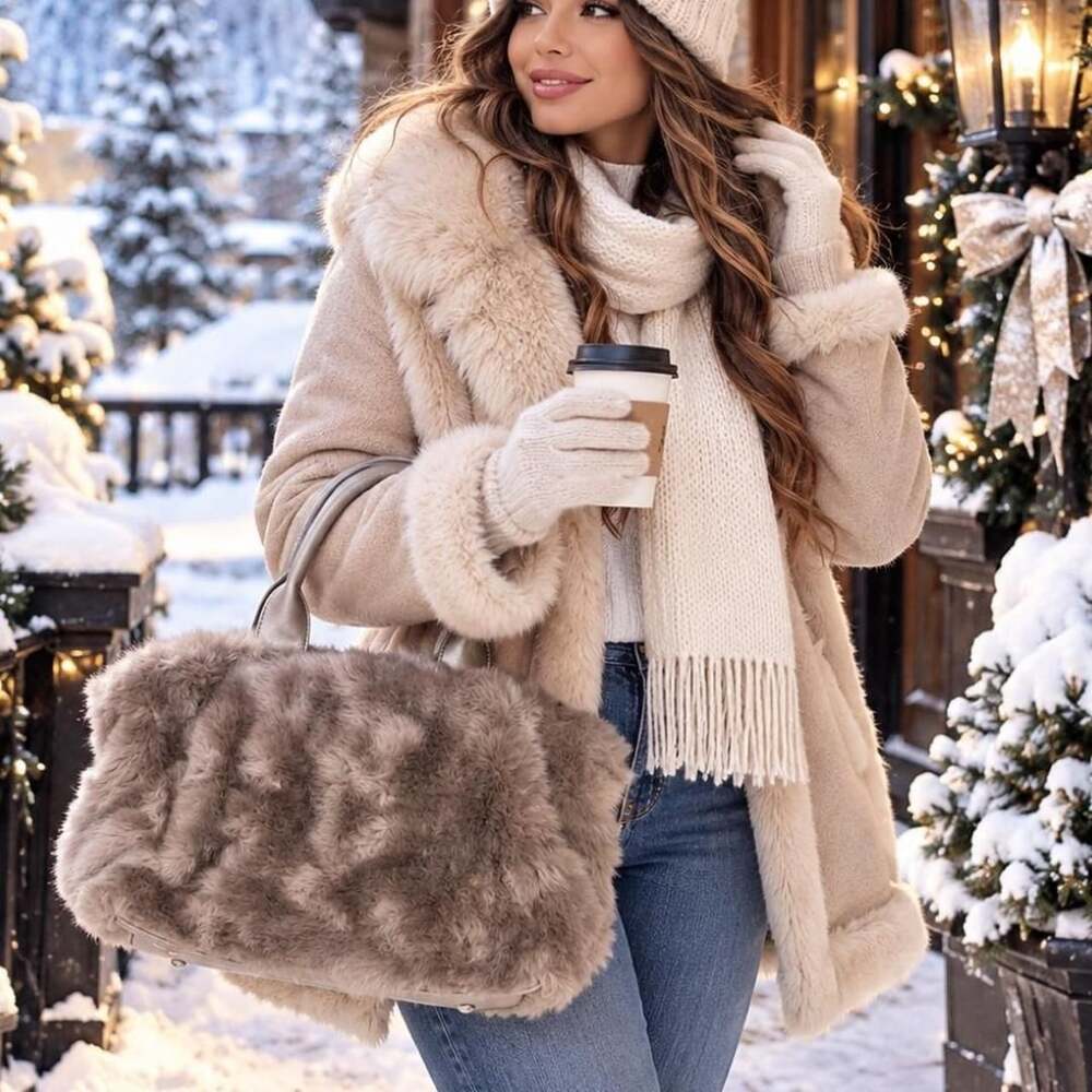 Charming Charlie Faux-Fur Handbag Taupe Gray Satchel